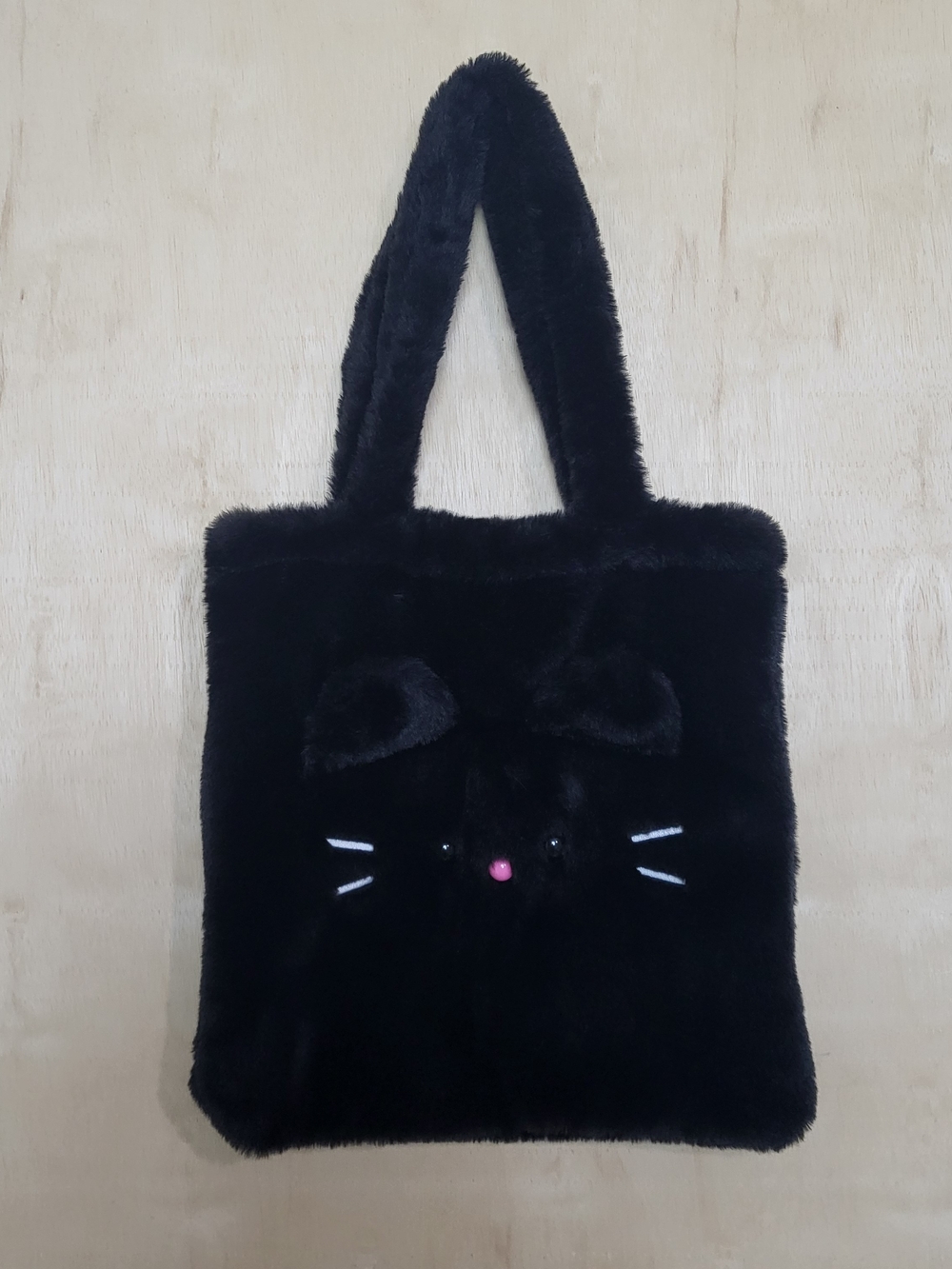 ARTBOX Black Fuzzy Cat Tote Bag Cute Kawaii Plush 3D Face Ears Korean Japan